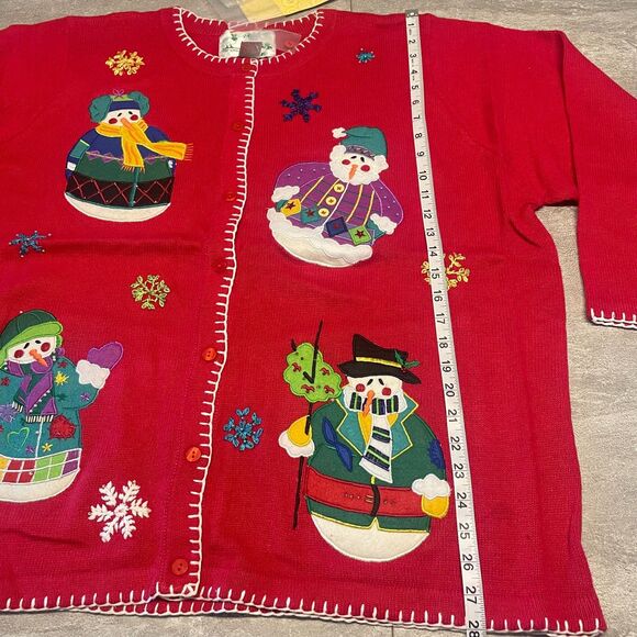 Quacker Factory 2X Christmas Cardigan Red Snowman Holiday Festive Ugly Sweater - Picture 3 of 6